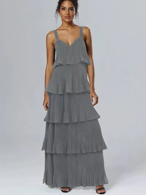 dress AW.Bridal A-line V-Neck Floor Length Sleeveless Pleat Ruffles Tiered Long Bridesmaid Dresses Dress AW Bridal $103.49