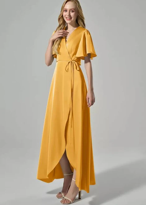 dress AW.Bridal A-Line V-Neck Hi Lo Short Sleeve Satin Bridesmaid Dress AW Bridal $98.99