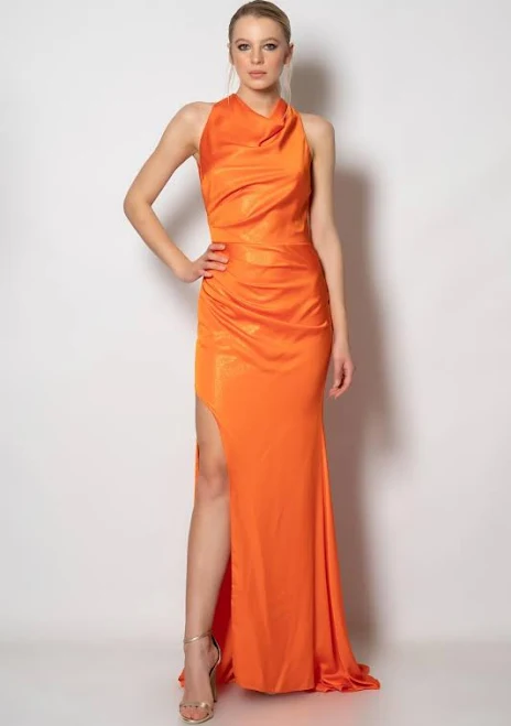 dress Azalea Mock Sleeveless High Cowl Neck Halter Satin Dress Gown Unmatched BYU $75