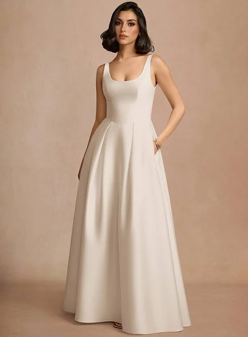 dress Azazie Floor-Length Dresses A-Line Wedding Guest Formal Dresses Scoop Cream Azazie.com $139