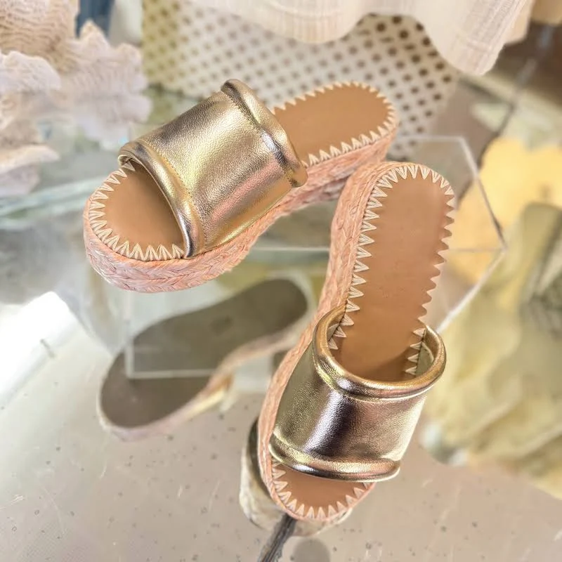 shoes Barcelona Metallic Gold Strap Platform Raffia Wedge Bliss Boutique $45