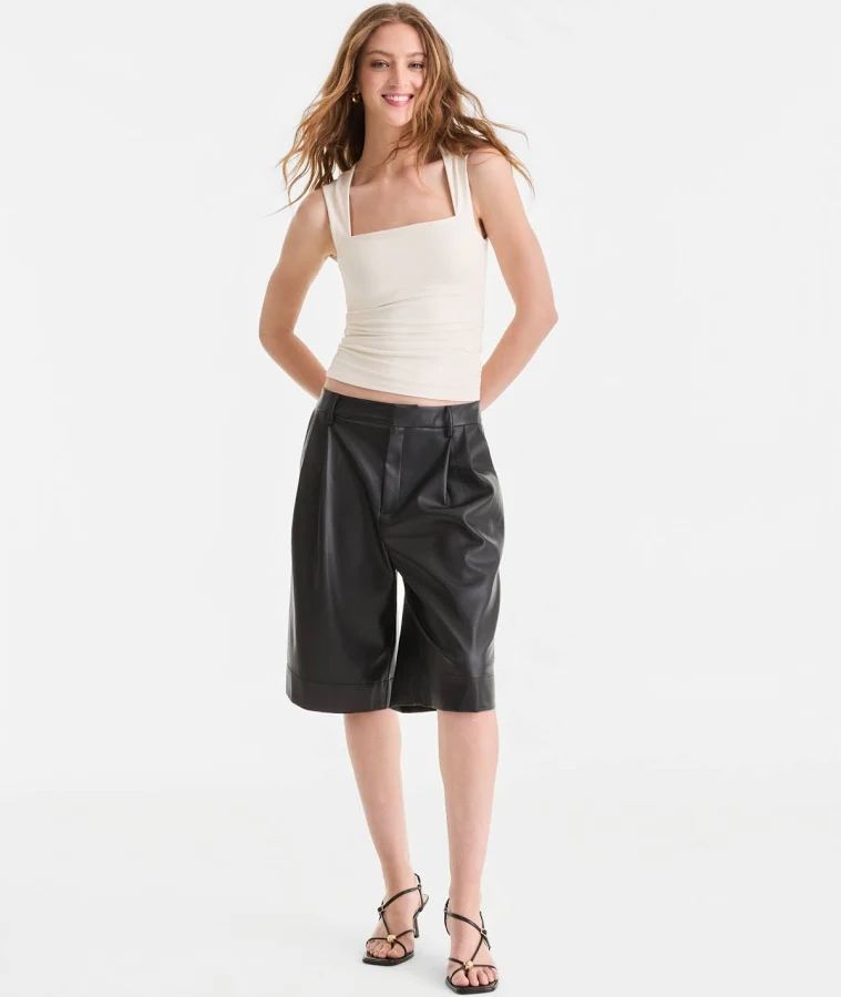 shorts BarIII Women's Faux-Leather Pleated Bermuda Shorts Macy's $35.7