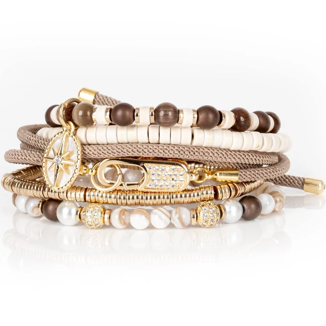 accessory Beaded Bracelet Stack with Gold Compass Charm the dark $60