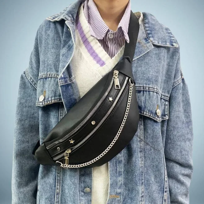 bag Black Faux Leather Fanny Pack - Crossbody Belt Bag with Chain Etsy - Seller $34.49