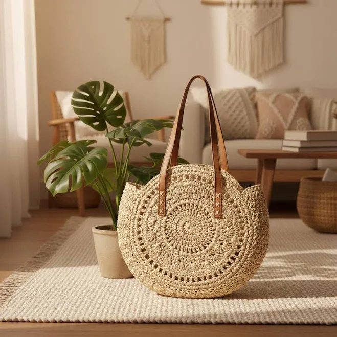 bag Bohemian Woven Straw Beach Tote with Leather Handle Etsy - Seller $40.27