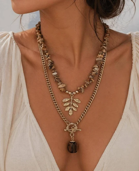 accessory Boho Gold Plated Retro Chain Pendant Necklace Set with Natural Stone Etsy - Seller $100