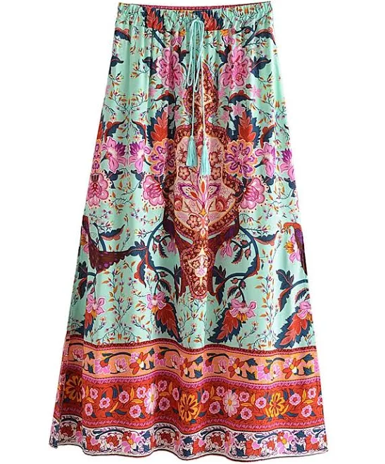 skirt Boho Maxi Skirt with Pink Floral Print and Slits Boho Mood $30.9