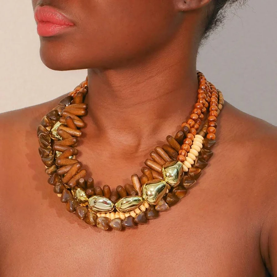 accessory Boho Statement Multi-Layer Wooden Bead Necklace Dua Menka $54.99