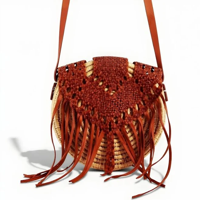bag Boho Straw Crossbody Purse with Leather Fringe Marrakeche Crafts $79.1