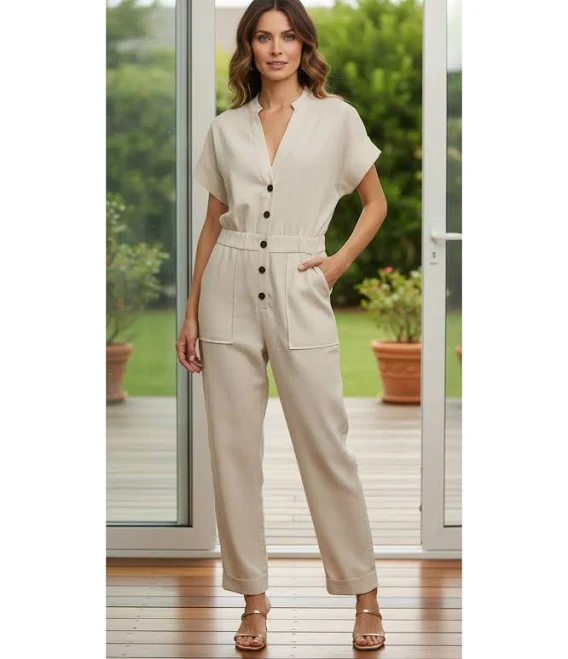 jumpsuit CELA Women's Tailored Linen Blend Jumpsuit with Short Sleeves Anellace $65