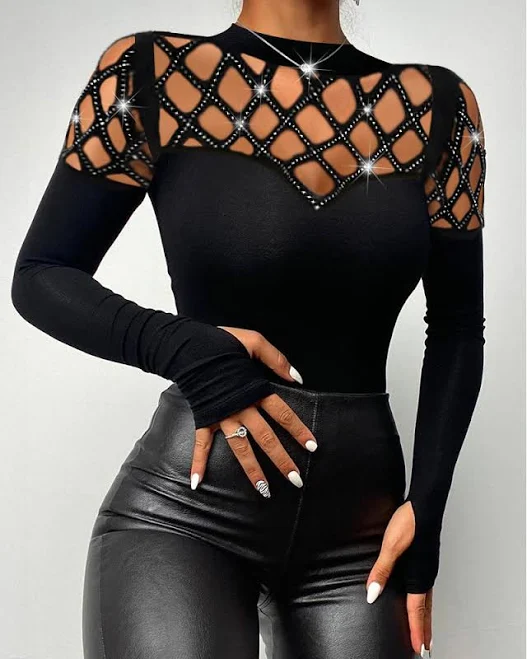 top Chicme Rhinestone Hollow Out Long Sleeve Tee Chic Me $22.32