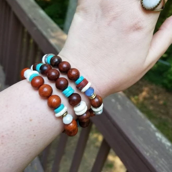 accessory Chunky Wood and Turquoise Stacking Bracelets Etsy - bronzeowlboutique $13