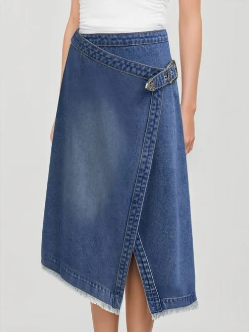 skirt CIDER Women's Mid Rise Denim Raw Hem Asymmetrical Belted Daily Casual Midi Skirt Cider $34.32