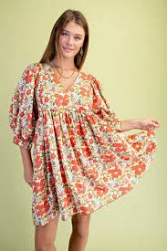 dress Coral Floral Mix Puff Sleeve Dress Elodie Grace Boutique $68.99