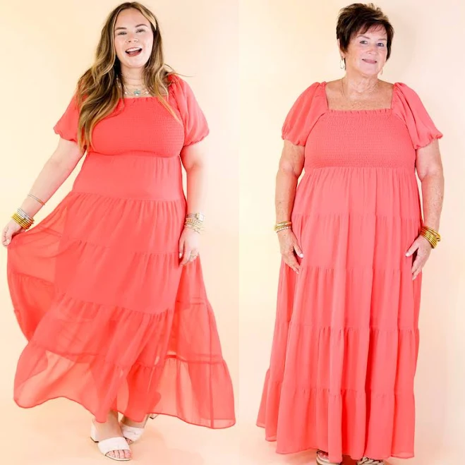 dress Coral Tiered Maxi Dress with Smocked Bodice M Giddy Up Glamour Boutique $59.95