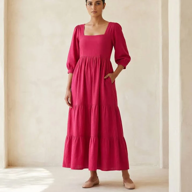 dress Cotton Poplin Square Neck Tiered Midi Dress SeamsFriendly $70