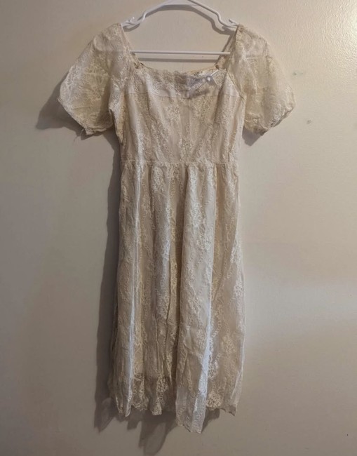 dress Cream Floral Lace Puff Sleeve Midi Dress Square Neck Boho Cottagecore Size S eBay $25