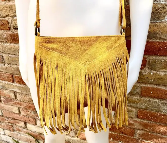 bag Cross body bag. BOHO suede leather bag in MUSTARD with FRINGES. Messenger bag in soft genuine suede leather. Yellow crossbody hippy bag Etsy - goodtimesbarcelona $42.82