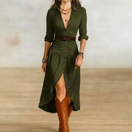 dress Danhjin Army Green V-Neck Maxi Shirt Dress For Women Long Sleeve Button Down With PocketsFlowy Tiered Collared Dresses With Belt, Women's, Size: Walmart - Weimao $20.73