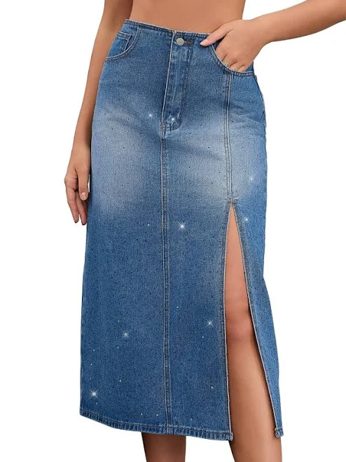 skirt Daring Diva Women's Midi Denim Skirt with Side Split Rhinestone Walmart $35.99
