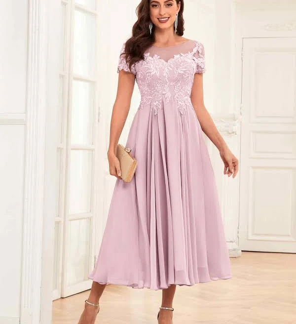 dress Delaney Flowing Illusion Tea Length Lace Chiffon Mother of the Bride Dress Pomuyoo $124