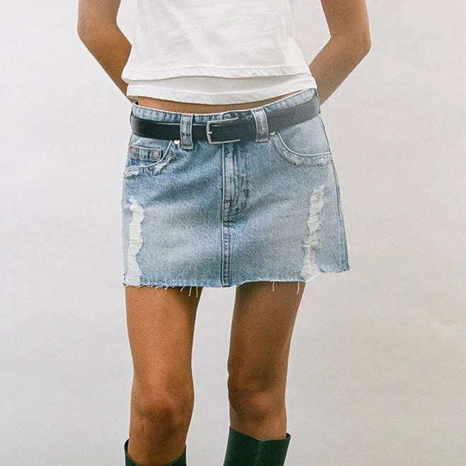 skirt Denim Mini Skirt with Ripped Raw Hem Motel Rocks USA $66