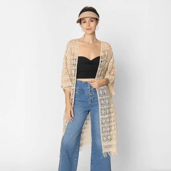 kimono Do Everything in Love Open Knit Crochet Kimono with Fringe Judson & Company $60