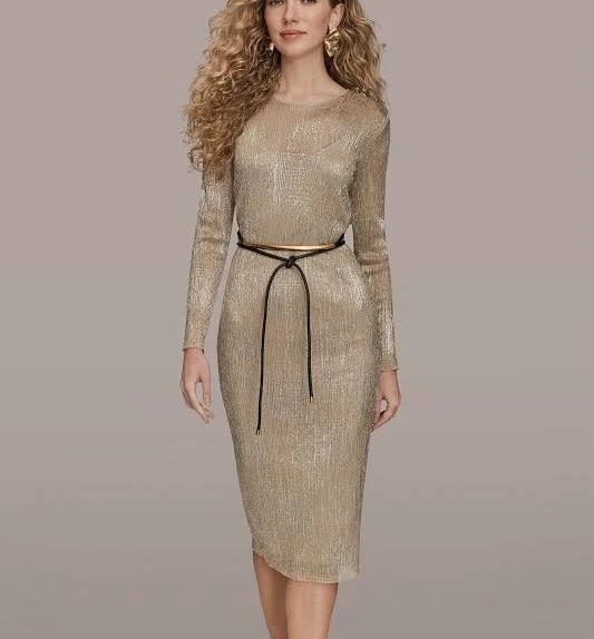 dress Donna Karan Women's Metallic Belted Mesh Midi Dress Donna Karan $89.4
