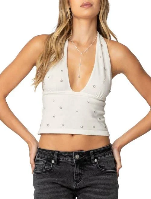 top Edikted Women's Rhinestone Knit Halter Top Nordstrom $54.4