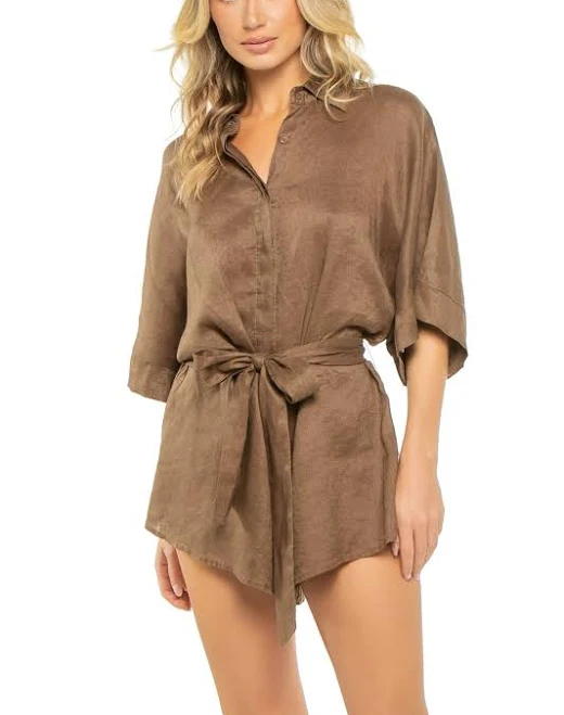 romper Elan Linen Collared Shorts Romper in Brown Everything But Water $88