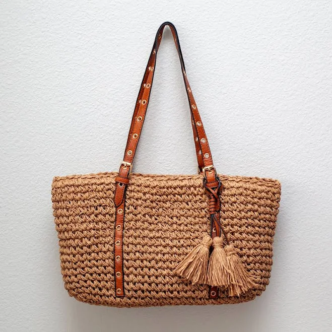 bag Elena Straw Woven Tote with Leather Straps Elena Handbags $42