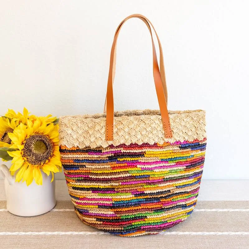 bag Elena Women's Raffia Woven Straw Tote with Genuine Leather Straps Elena Handbags $125