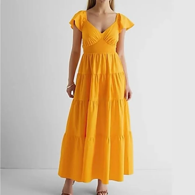dress Express Dresses | Express Yellow V-Neck Flutter Sleeve Tiered Poplin Maxi Dress Size L | Color: Yellow | Size: L | Jdiazo2015's Closet Poshmark $45