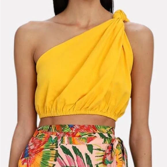 one shoulder top FARM Rio One-Shoulder Linen Blend Crop Top Poshmark $30