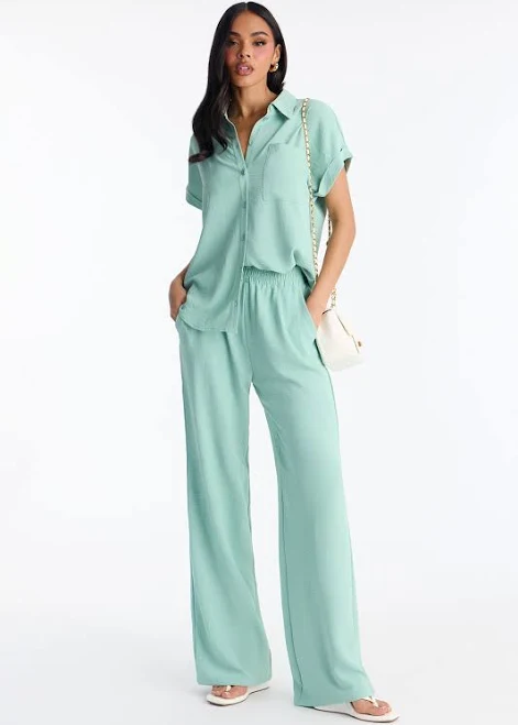 outfits Fashion Nova Short Sleeve Button Up Shirt and Wide Leg Pant Set Fashion Nova $19.25