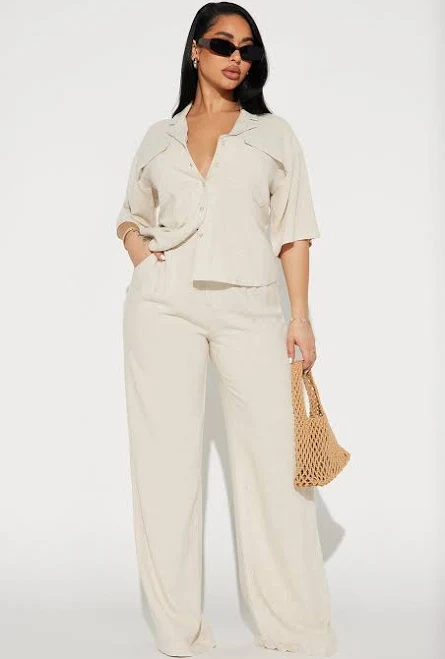 linen outfits Fashion Nova Short Sleeve Linen Button Up Shirt Wide Leg Pant Set Size Fashion Nova $30.99