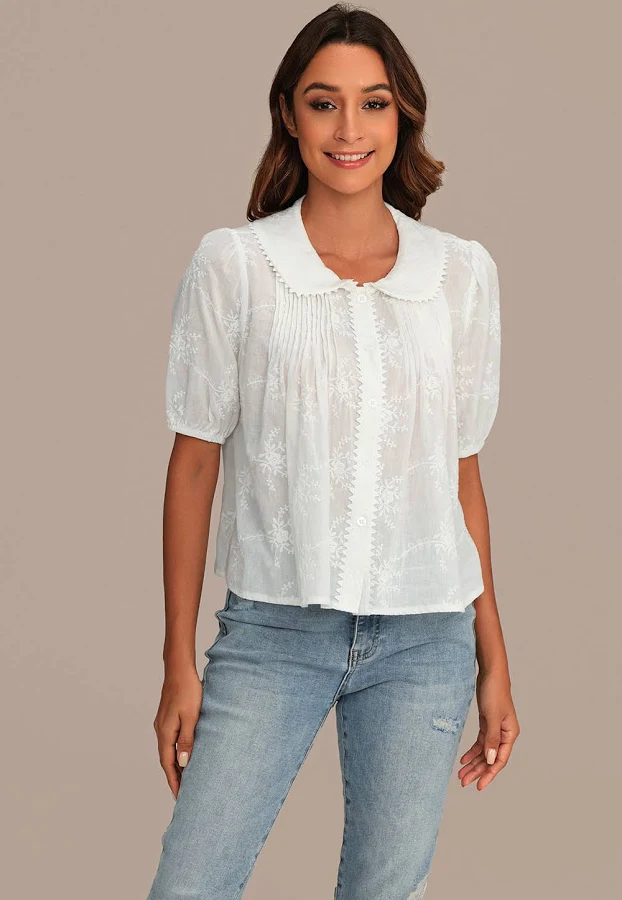 top Floral Embroidery Cotton Blouse with Puff Sleeves Petal Lush $28.36