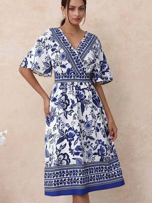 dress Floral Faux-Wrap Flutter Sleeve Midi Dress Chicwish $47.9