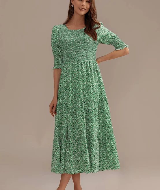 dress Floral Short Sleeve Round Neck Smocked Tiered Midi Dress Petal Lush $43
