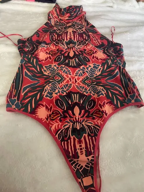 bodysuit Free People Tops | Free People Intimately High-Neck Floral Geometric Bodysuit Large Coral & Teal | Color: Green/Pink | Size: L | Justcristhrifts's Poshmark $18