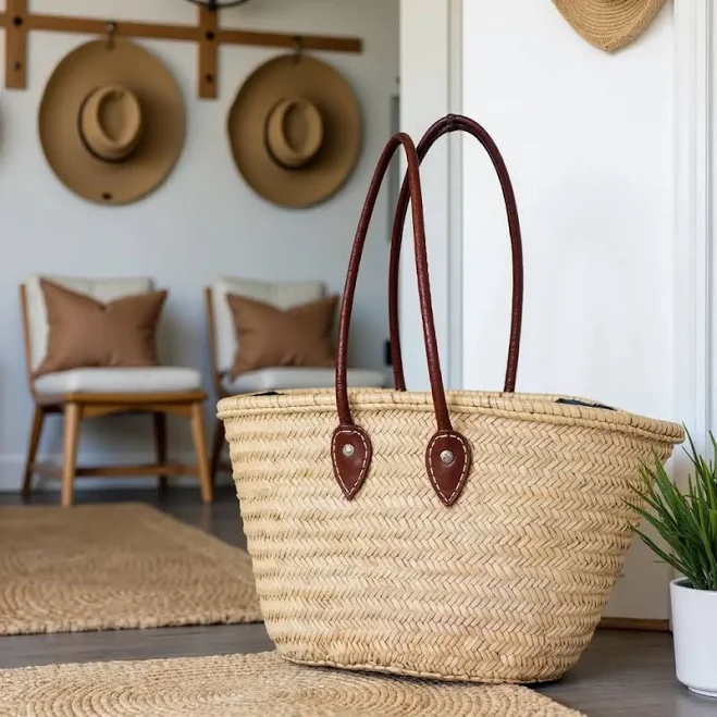 bag French Market Basket Tote Bag with Leather Handles Marrakeche Crafts $65