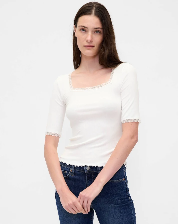 top Gap Women's Modal Rib Lace-Trim Square-Neck T-Shirt Gap $15