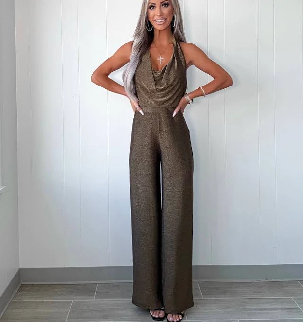 jumpsuit Golden Eve Metallic Halter Jumpsuit Bar T Boutique $65