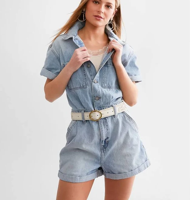 romper Hidden Jeans Women's Cotton Dylan Cuffed Denim Romper Buckle $56.24