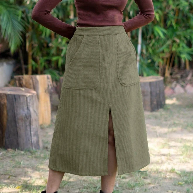 skirt High-Rise A-Line Slit Cotton Corduroy Skirt SeamsFriendly $72