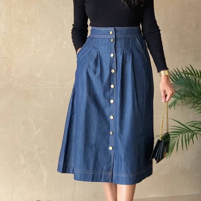 skirt High-Rise Button-Down Cotton Denim Midi Skirt SeamsFriendly $67