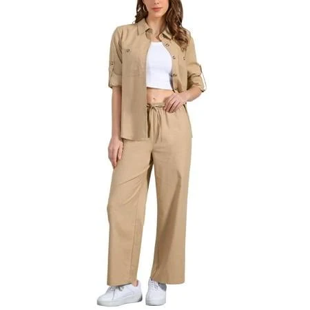 matching set Inspire Chic Women's 2 Piece Linen Button Down Shirt and Drawstring Pants Outfit Walmart - Tasharina Corp $60.49