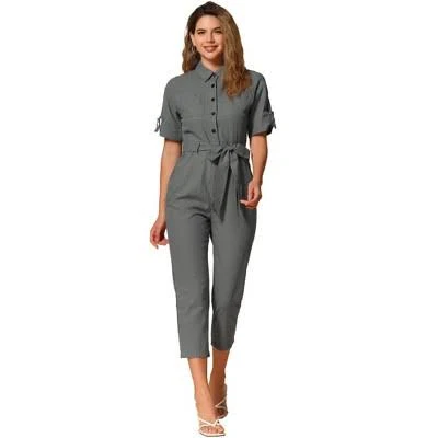 jumpsuit Inspire Chic Women's Short Sleeve Collared Button Down Tie Waist Cargo Jumpsuit Target $56.99