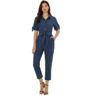 jumpsuit Inspire Chic Women's Short Sleeve Collared Button Down Tie Waist Cargo Jumpsuit Target $56.99