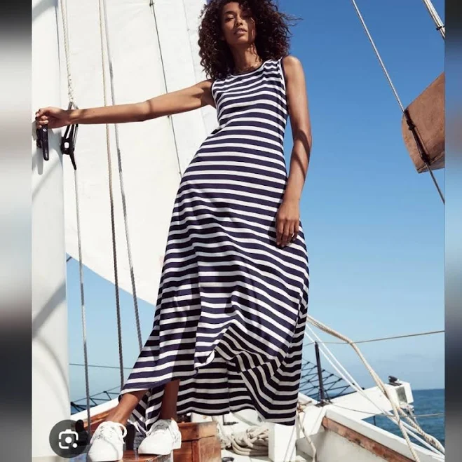 dress J. Crew Dresses | J Crew Striped Cotton Tank Jersey Knit High Low Hem Fit And Flare Maxi Dress | Color: Blue/White | Size: Medium Tall | Poshmark $50